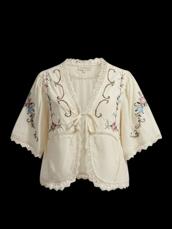 Jennifer & Grace Tops - Jennifer & Grace Top Sz M Cream Cross Stitch Embroidery Lace Trim Tie Front Boho